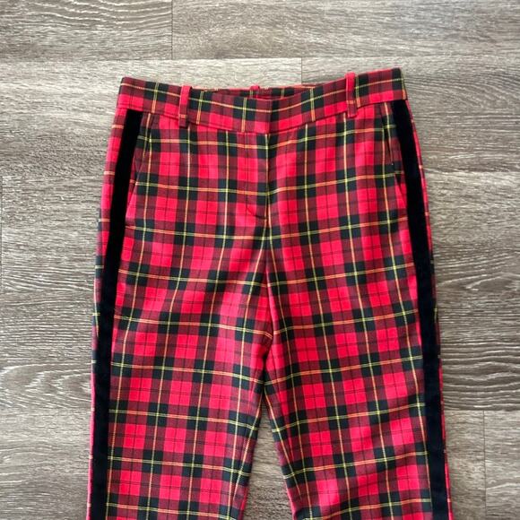 EUC Maje Red Pantya Velvet Piped Plaid Pants Tartan Cropped Check Slim Trouser - Picture 13 of 16